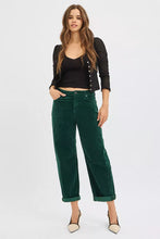 Emerald green high rise crop barrel corduroy pants with rolled cuffs offering stylish comfort and versatility
