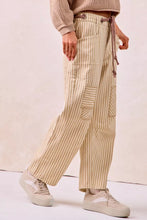 Beige and cream barrel pants with drawstring striped twill fabric and vertical cargo pockets for casual wear