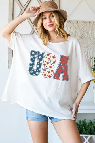 HOPELY USA Round Neck Half Sleeve T-Shirt Cream Floral Usa Woman T Shirts