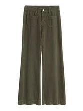 Olive green wide leg denim pants with front pockets and button closure full size plus size leg pants