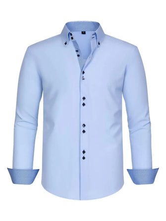 Men's Full Size Button-Down Casual Shirt with Contrast Cuffs Plus Size Light Blue Mens Tops