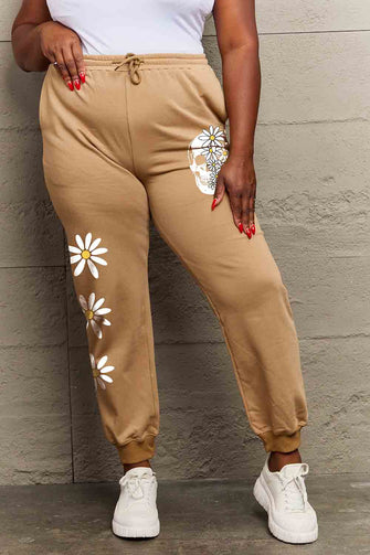 Simply Love Simply Love Full Size Drawstring Flower & Skull Graphic Long Sweatpants Mocha
