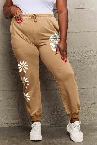Simply Love Simply Love Full Size Drawstring Flower & Skull Graphic Long Sweatpants Mocha Woman Sweatpants