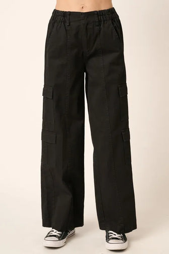 Mittoshop Low Rise Elastic Cover Waistband Cargo Pants Black