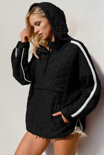Double Take Contrast Trim Long Sleeve Half Snap Texture Hoodie with Pocket Black Woman Sweatshirts