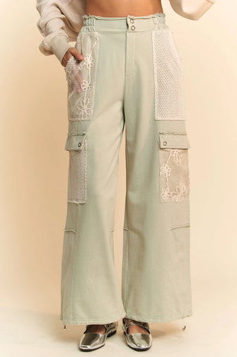 Davi & Dani Lace Patchwork Bottom Opening Adjustable Pants SAGE