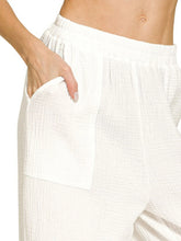 White zenana double gauze cotton pants with elastic waistband and relaxed fit for lightweight comfort
