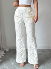 White lace-patterned textured high waist wide leg trousers with a flowy silhouette for elegant wear