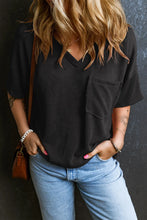 Textured V-Neck Dropped Shoulder T-Shirt Black