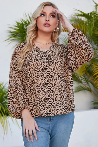 Plus Size Animal Print Balloon Sleeve V-Neck Blouse Camel Woman T Shirts