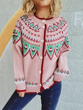 Contrast Geometric Round Neck Long Sleeve Cardigan Blush Pink One Size Casual Dresses