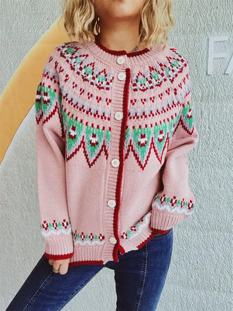 Contrast Geometric Round Neck Long Sleeve Cardigan Blush Pink One Size Casual Dresses
