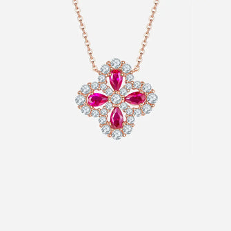 Lab-Grown Ruby 925 Sterling Silver Flower Shape Necklace Hot Pink One Size