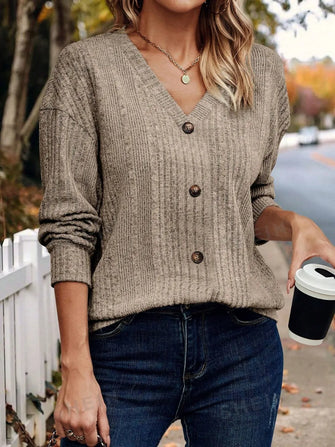 V-Neck Long Sleeve T-Shirt Camel