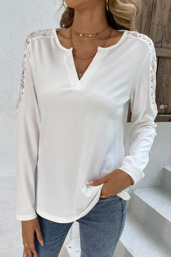 Shiny Spliced Lace Notched Neck Top White