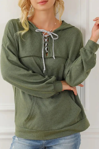 Lace Up Drop Shoulder Long Sleeve Hoodie Army Green Woman Sweatshirts