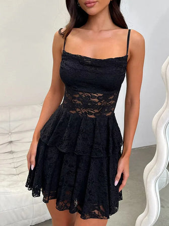 Devine Lace-Up Layered Lace Mini Cami Dress Black