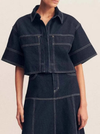 Cropped Short Sleeve Contrast Stitch Denim Top Dark
