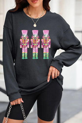 Sequin Nutcracker Round Neck Long Sleeve Sweatshirt Black Woman Sweatshirts