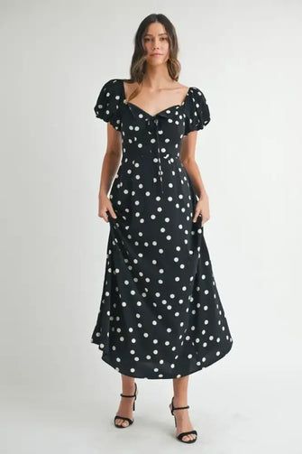 MABLE Polka Dot Puff Sleeve Midi Dress Black Casual Dresses