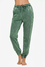 Green zenana acid wash fleece sweatpants with distressed jogger style elastic waistband and drawstring pockets