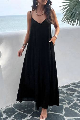 Devine Backless Maxi Cami Dress with Pockets Black