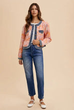 Annie Wear Floral Jacquard Denim Contrast Button Down Jacket Woman Outerwear