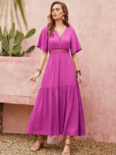 Lace Detail V-Neck Short Sleeve Midi Dress