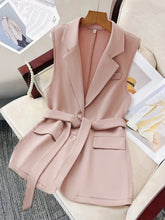 Tie Waist Lapel Collar Sleeveless Blazer Pale Blush