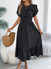 Smocked Frill Round Neck Midi Dress Casual Dresses
