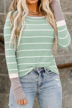Striped Round Neck Long Sleeve T-Shirt Light Green