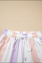 Pastel striped shorts with stripe multicolored print drawstring waistband in lavender pink and white hues with side pockets
