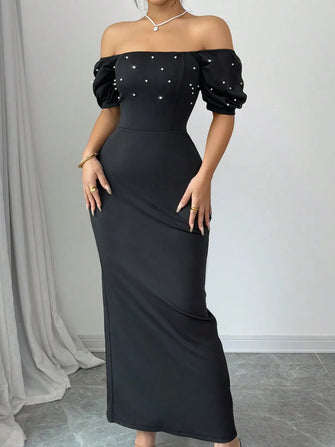 Off Shoulder Short Sleeve Maxi Dress Black Woman Maxi Dress