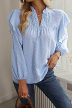 Swiss Dot Ruffled Long Sleeve Blouse Light Blue