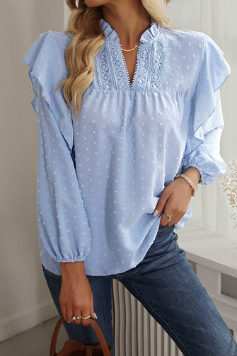 Swiss Dot Ruffled Long Sleeve Blouse Light Blue