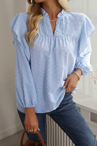 Swiss Dot Ruffled Long Sleeve Blouse Light Blue Woman T Shirts