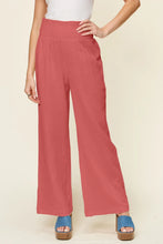 Coral wide leg double take full size texture smocked waist pants with high-waisted elastic band and vertical pleats
