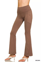 Brown high-waisted flare pants with side pockets made of brushed dty microfiber by Zenana