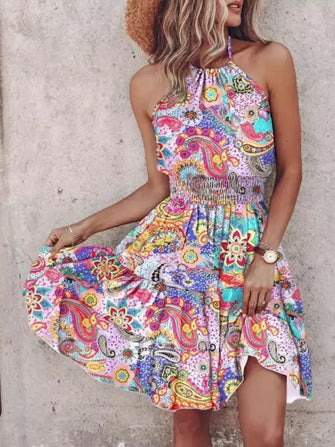 Smocked Printed Halter Neck Mini Dress Pink Purple Casual Dresses