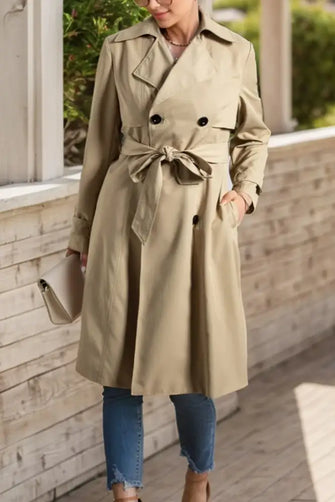 Collared Neck Tie Waist Buttoned Long Sleeve Trench Coat Dust Storm Woman Outerwear