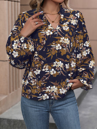 Perfee Floral Notched Balloon Sleeve Blouse Navy Woman Blouses