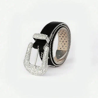 PU Leather Inlaid Rhinestone Belt Black Belts
