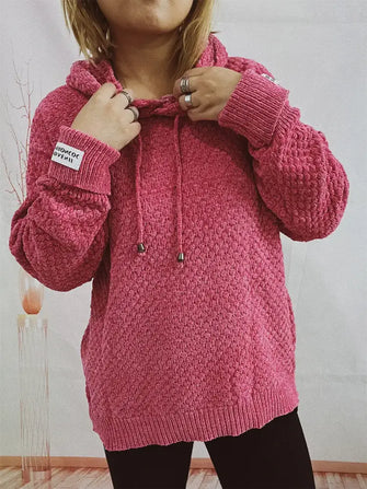 Drawstring Long Sleeve Hooded Sweater Deep Rose One Size Woman Sweatshirts