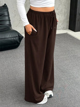 Brown full size drawstring wide leg pants with elastic waistband and loose fit for comfortable wear