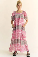 Davi & Dani Multi Floral Square Neck Puff Sleeve Maxi Dress Indian Pink Casual Dresses