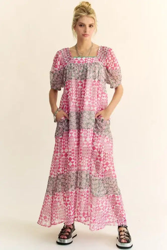 Davi & Dani Multi Floral Square Neck Puff Sleeve Maxi Dress Indian Pink Casual Dresses