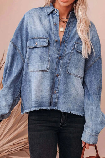 Collared Neck Raw Hem Long Sleeve Denim Shirt Light
