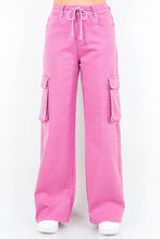 Bright pink american bazi full size drawstring wide leg cargo pants with large side pockets and plus size fit