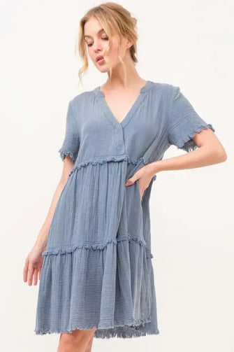 And The Why Washed Frayed Detail Tiered Dress Blue Casual Dresses