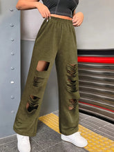 Olive green suede distressed elastic waist straight leg cargo pants with layered ripped details on thighs